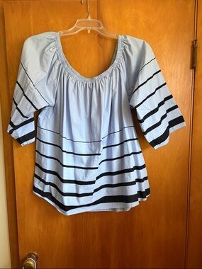 Diane Gilman Light Blue Scoop Neck Striped Top 2X